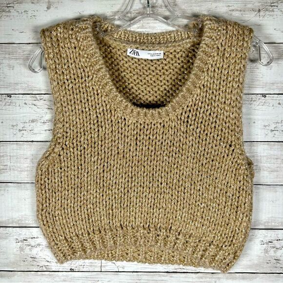 ZARA Cropped Chunky Gold Shimmer Taupe Chunky Sweater Vest M - Picture 2 of 8